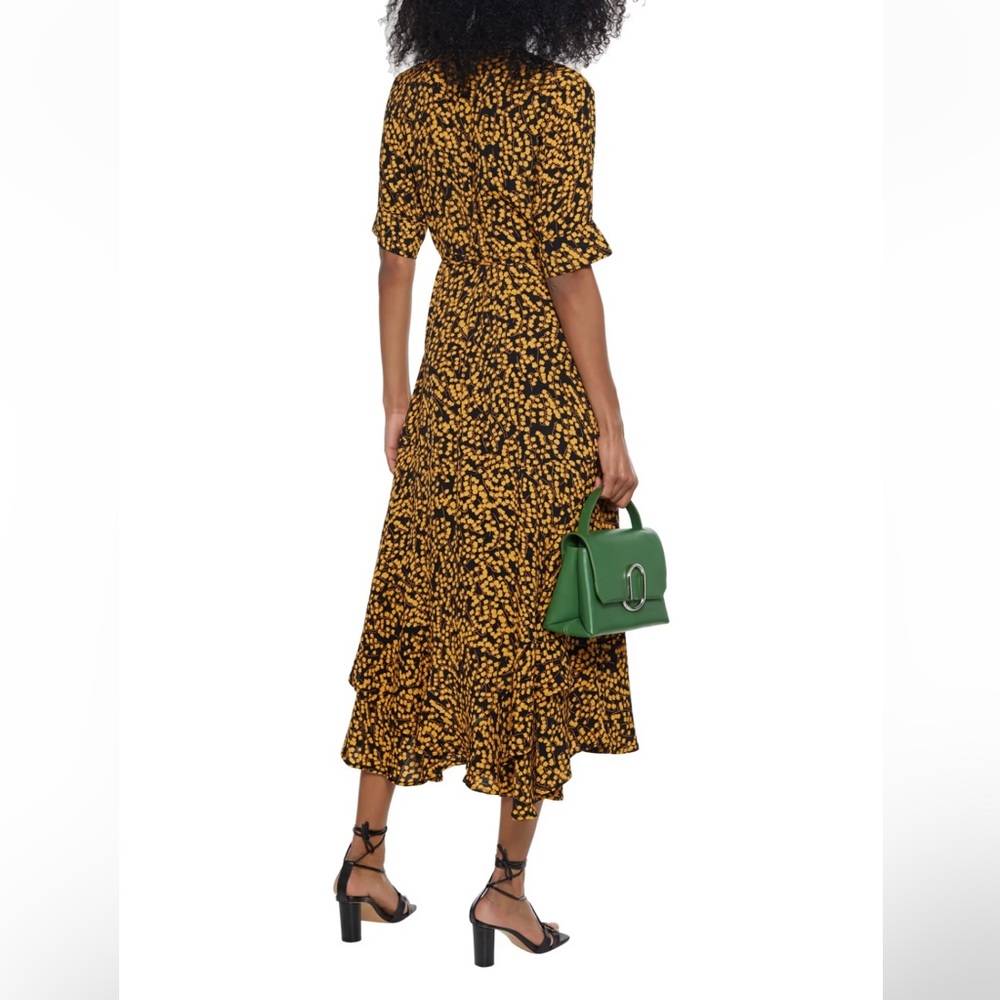 Ganni Dexter Goldstone Black and Gold Floral Midi Wrap Dress with Flared Skirt - Picture 7 of 9